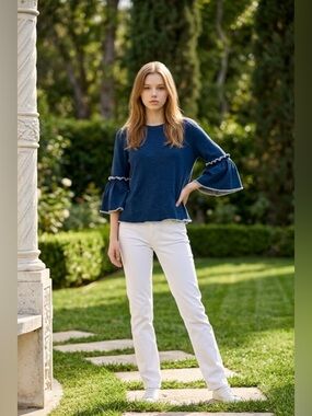 See By Chloe denim knit Navy Blue Bell-Sleeve Short Sleeve Top